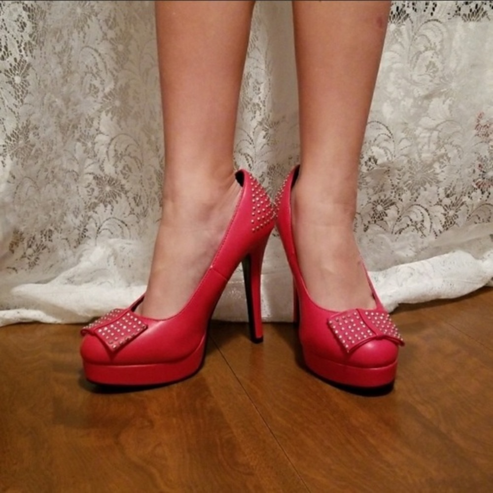 TUK red studded spike high heels EUC 9